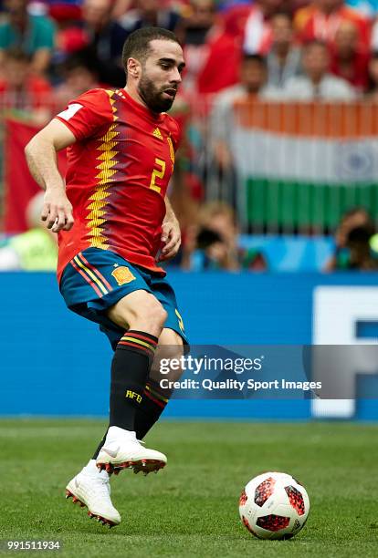 Dani Carvajal of Spain controls the ball during the 2018 FIFA World Cup Russia Round of 16 match between Spain and Russia at Luzhniki Stadium on July...