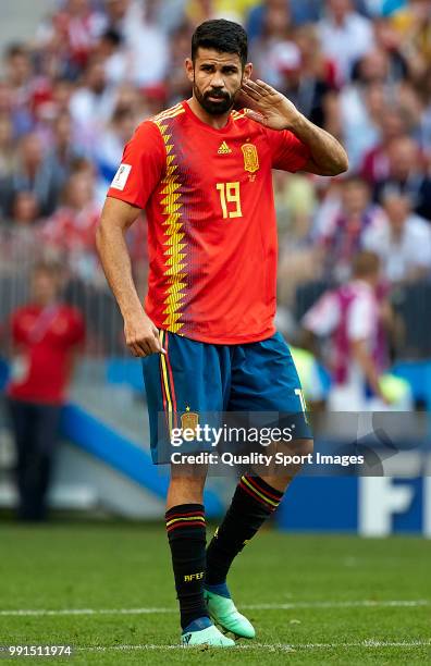 Diego Costa of Spain reacts during the 2018 FIFA World Cup Russia Round of 16 match between Spain and Russia at Luzhniki Stadium on July 1, 2018 in...