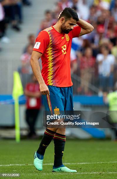 Diego Costa of Spain reacts during the 2018 FIFA World Cup Russia Round of 16 match between Spain and Russia at Luzhniki Stadium on July 1, 2018 in...