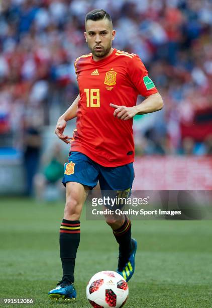 Jordi Alba of Spain runs with the ball during the 2018 FIFA World Cup Russia Round of 16 match between Spain and Russia at Luzhniki Stadium on July...
