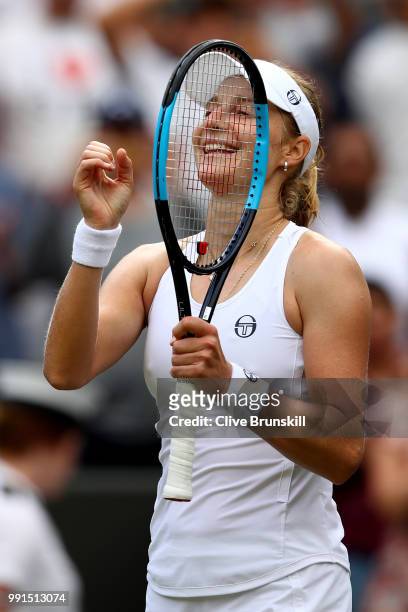 Ekaterina Makarova of Russia celebrates her victory over Caroline Wozniacki of Denmark after their Ladies' Singles second round match on day three of...