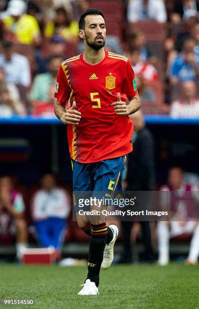 Sergio Busquets of Spain looks on during the 2018 FIFA World Cup Russia Round of 16 match between Spain and Russia at Luzhniki Stadium on July 1,...