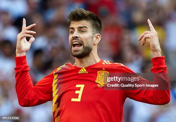 Gerard Pique of Spain of Spain reacts during the 2018 FIFA World Cup Russia Round of 16 match between Spain and Russia at Luzhniki Stadium on July 1,...