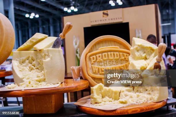 Cheese is offered for attendees during The Summer Fancy Food Show at the Javits Center in the borough of Manhattan on July 02, 2018 in New York, The...