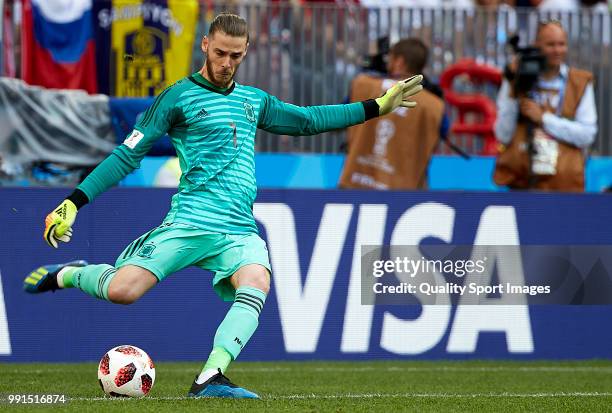 David de Gea of Spain controls the ball during the 2018 FIFA World Cup Russia Round of 16 match between Spain and Russia at Luzhniki Stadium on July...