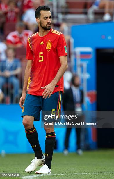 Sergio Busquets of Spain looks on during the 2018 FIFA World Cup Russia Round of 16 match between Spain and Russia at Luzhniki Stadium on July 1,...