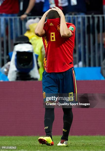 Koke of Spain reacts after seeing his kick saved during the penalty shoot-out following the 2018 FIFA World Cup Russia Round of 16 match between...