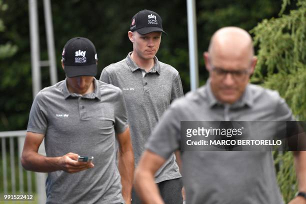Great Britain's Christopher Froome and Great Britain Team Sky team principal, Sir Dave Brailsford arrive for a press conference of Team Sky, on July...