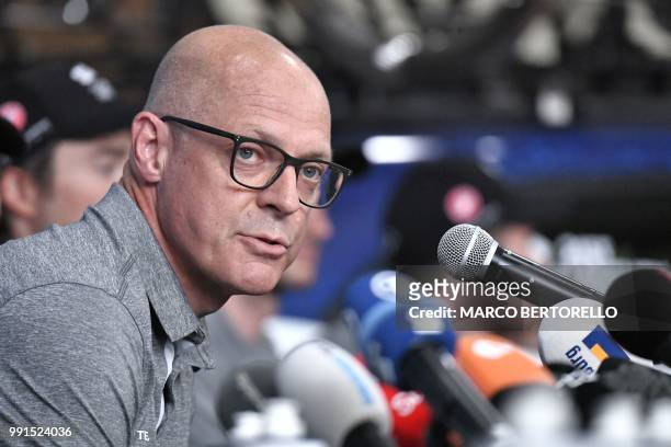 Great Britain Team Sky team principal, Sir Dave Brailsford speaks during a press conference of Team Sky, on July 4, 2018 in Saint-Mars-la-Reorthe,...