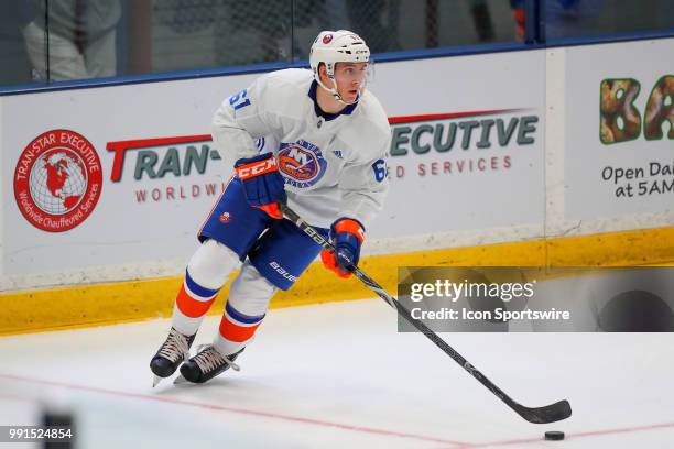 New York Islanders Defenseman Ben Mirageas skates during New York Islanders Mini Camp and the Blue and White Scrimmage on June 28 at Northwell Health...