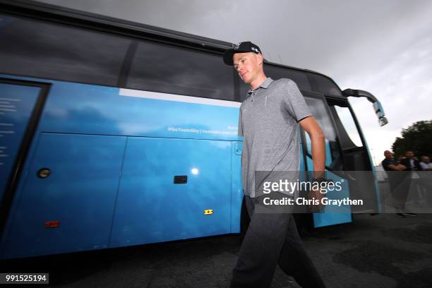 Christopher Froome of Great Britain and Team Sky / Bus / during the 105th Tour de France 2018, Team SKY press conference / TDF / on July 4, 2018 in...