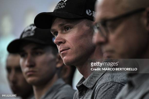 Great Britain's Christopher Froome and Great Britain Team Sky team principal, Sir Dave Brailsford attend a press conference of Team Sky, on July 4,...