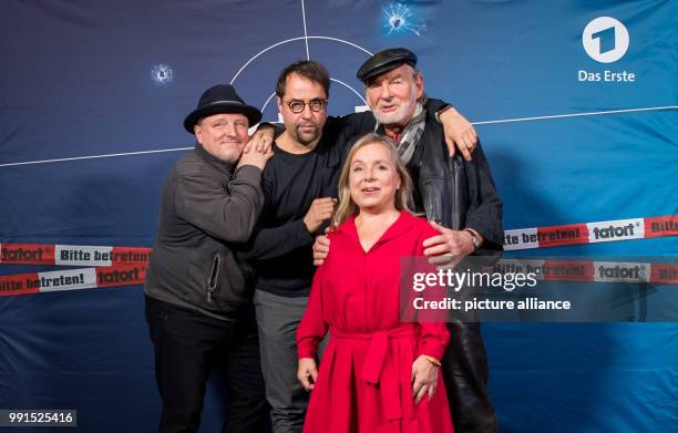 The actors Axel Prahl , Jan Josef Liefers, Christine Urspruch and Claus D. Clausnitzer can be seen at the cinematic premiere of the "Tatort Muenster"...