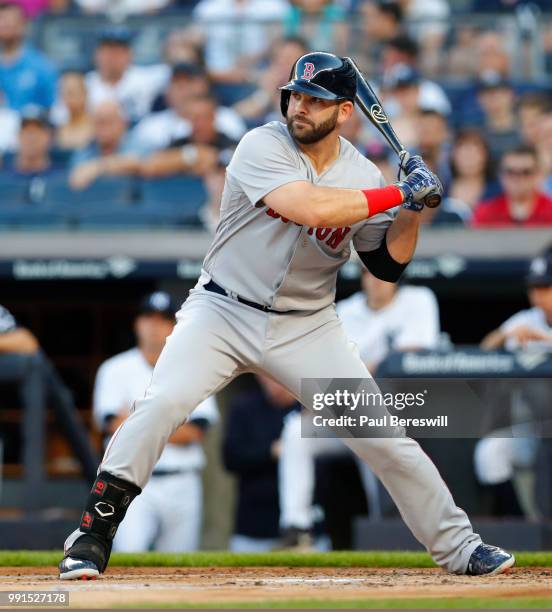 Mitch Moreland of the Boston Red Sox bats in an MLB baseball game against the New York Yankees on June 30, 2018 at Yankee Stadium in the Bronx...