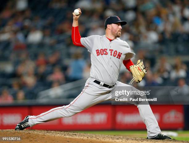 Pitcher Heath Hembree of the Boston Red Sox pitches in relief in an MLB baseball game against the New York Yankees on June 30, 2018 at Yankee Stadium...