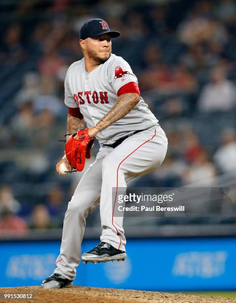 Pitcher Hector Velazquez of the Boston Red Sox pitches in an MLB baseball game against the New York Yankees on June 30, 2018 at Yankee Stadium in the...