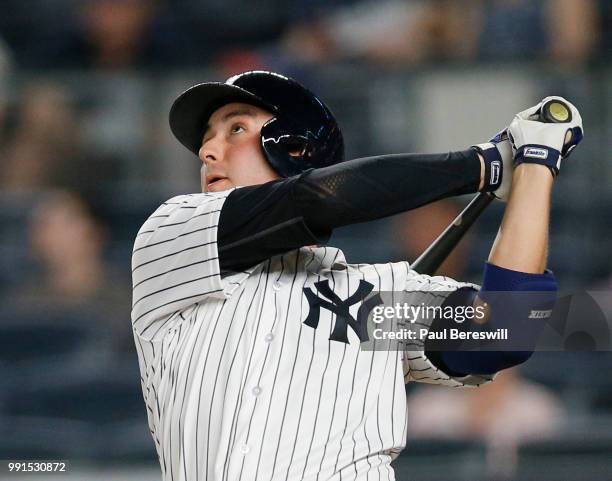 Kyle Higashioka of the New York Yankees bats in an MLB baseball game against the Boston Red Sox on June 30, 2018 at Yankee Stadium in the Bronx...