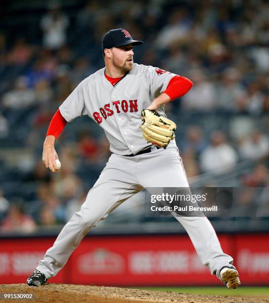 Pitcher Heath Hembree of the Boston Red Sox pitches in relief in an MLB baseball game against the New York Yankees on June 30, 2018 at Yankee Stadium...