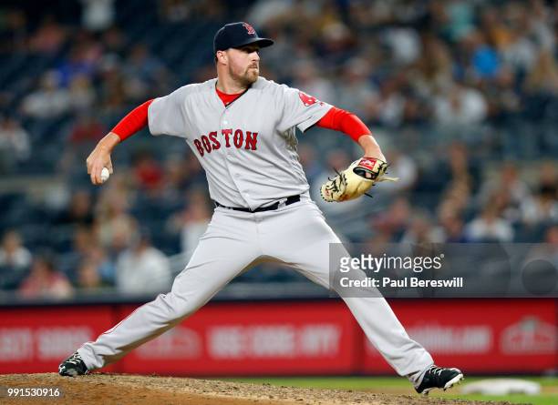 Pitcher Heath Hembree of the Boston Red Sox pitches in relief in an MLB baseball game against the New York Yankees on June 30, 2018 at Yankee Stadium...