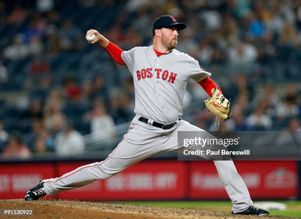 Pitcher Heath Hembree of the Boston Red Sox pitches in relief in an MLB baseball game against the New York Yankees on June 30, 2018 at Yankee Stadium...