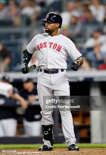 Jackie Bradley Jr. #19 of the Boston Red Sox gets ready to bat in an MLB baseball game against the New York Yankees on June 30, 2018 at Yankee...