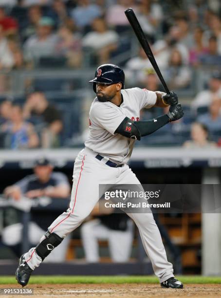 Jackie Bradley Jr. #19 of the Boston Red Sox bats in an MLB baseball game against the New York Yankees on June 30, 2018 at Yankee Stadium in the...