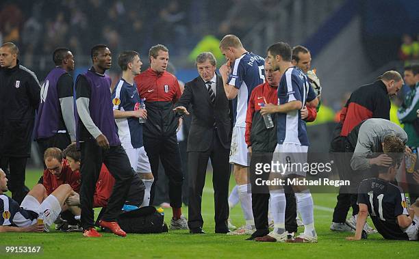 Head coach Roy Hodgson of Fulham issues instructions to his players during the UEFA Europa League final match between Atletico Madrid and Fulham at...