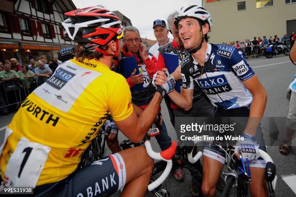 Tour De Suisse 2010, Stage 3Arrival, Frank Schleck / Fabian Cancellara Yellow Jersey, Celebration Joie Vreugde, Sierre - Schwarzenburg / Etape Rit,...