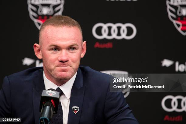 Wayne Rooney of DC United speaks during his introduction press conference at The Newseum on July 2, 2018 in Washington, DC.