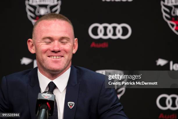 Wayne Rooney of DC United speaks during his introduction press conference at The Newseum on July 2, 2018 in Washington, DC.