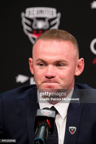 Wayne Rooney of DC United speaks during his introduction press conference at The Newseum on July 2, 2018 in Washington, DC.