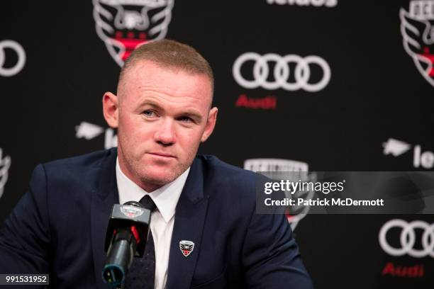 Wayne Rooney of DC United speaks during his introduction press conference at The Newseum on July 2, 2018 in Washington, DC.