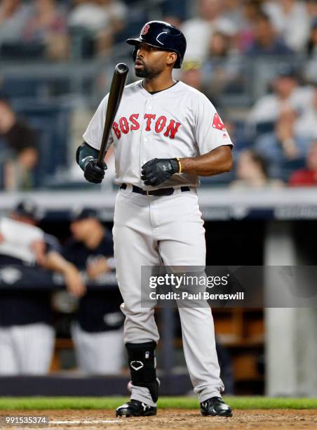 Jackie Bradley Jr. #19 of the Boston Red Sox gets ready to bat in an MLB baseball game against the New York Yankees on June 30, 2018 at Yankee...