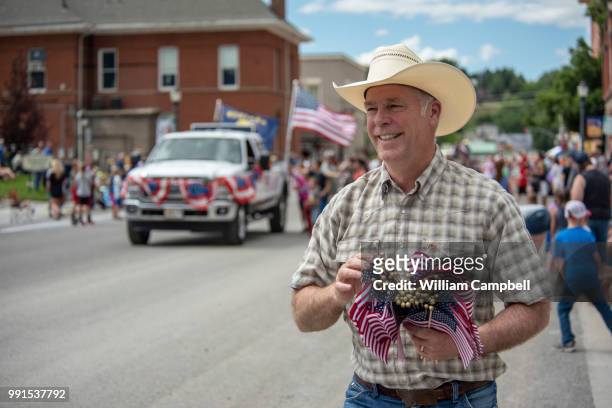 Montana's Republican Congressman Greg Gianforte campaigns at the Livingston Roundup Rodeo parade on July 2, 2018 in Livingston, Montana. Gianforte...
