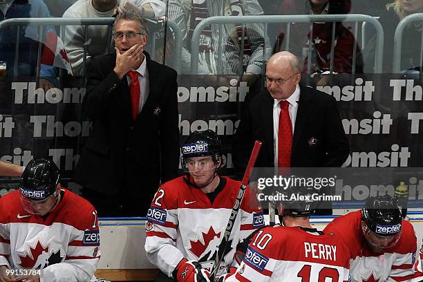 Head coach Craig MacTavish of Canada reacts during the IIHF World Championship group C match between Canada and Switzerland at SAP Arena on May 12,...