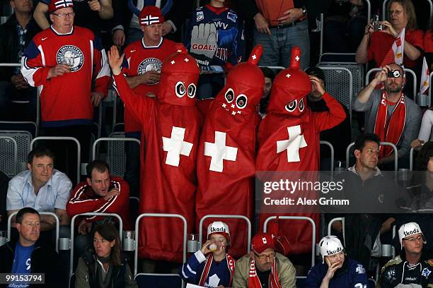 Supporters of Switzerland celebrate in the stand after the IIHF World Championship group C match between Canada and Switzerland at SAP Arena on May...