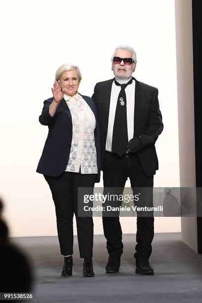 Designer Karl Lagerfeld and Silvia Venturini Fendi acknowledging the applause of the public after the Fendi Haute Couture Fall Winter 2018/2019 show...