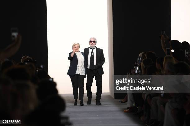 Designer Karl Lagerfeld and Silvia Venturini Fendi acknowledging the applause of the public after the Fendi Haute Couture Fall Winter 2018/2019 show...