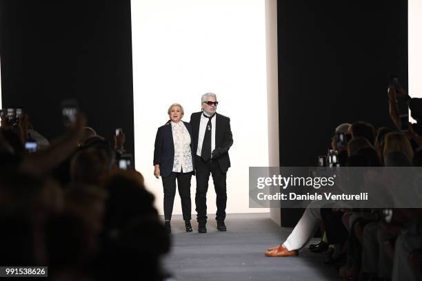 Designer Karl Lagerfeld and Silvia Venturini Fendi acknowledging the applause of the public after the Fendi Haute Couture Fall Winter 2018/2019 show...