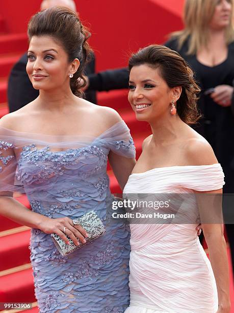 Aishwarya Rai Bachchan and Eva Longoria Parker attend the Robin Hood Premiere at the Palais des Festivals during the 63rd Annual Cannes International...