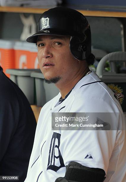 Miguel Cabrera of the Detroit Tigers looks on from the dugout during the first game of a double header against the New York Yankees at Comerica Park...