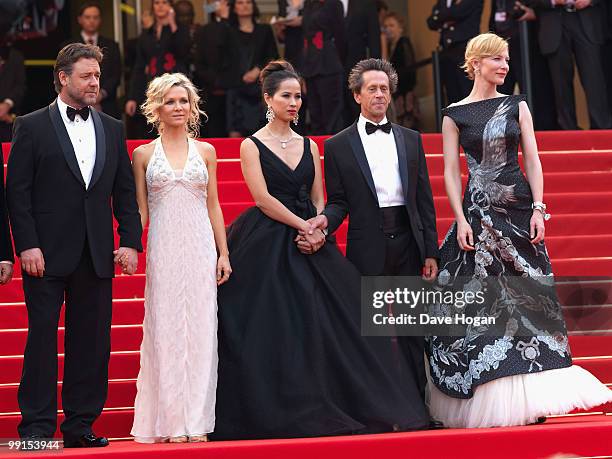 Russell Crowe, Brian Grazer and Cate Blachett attend the Robin Hood Premiere at the Palais des Festivals during the 63rd Annual Cannes International...