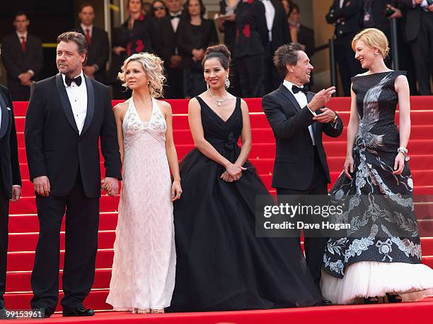 Russell Crowe, Brian Grazer and Cate Blachett attend the Robin Hood Premiere at the Palais des Festivals during the 63rd Annual Cannes International...