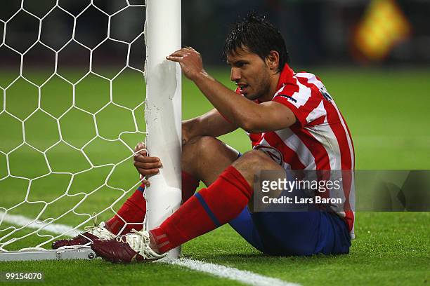 Sergio Aguero of Atletico Madrid reacts after failing to score during the UEFA Europa League final match between Atletico Madrid and Fulham at HSH...