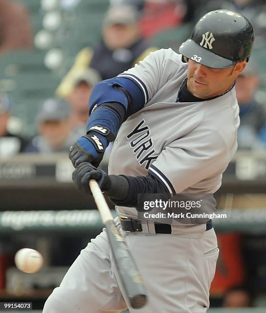 Nick Swisher of the New York Yankees bats during the first game of a double header against the Detroit Tigers at Comerica Park on May 12, 2010 in...