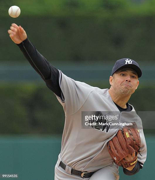 Javier Vazquez of the New York Yankees pitches during the first game of a double header against the Detroit Tigers at Comerica Park on May 12, 2010...