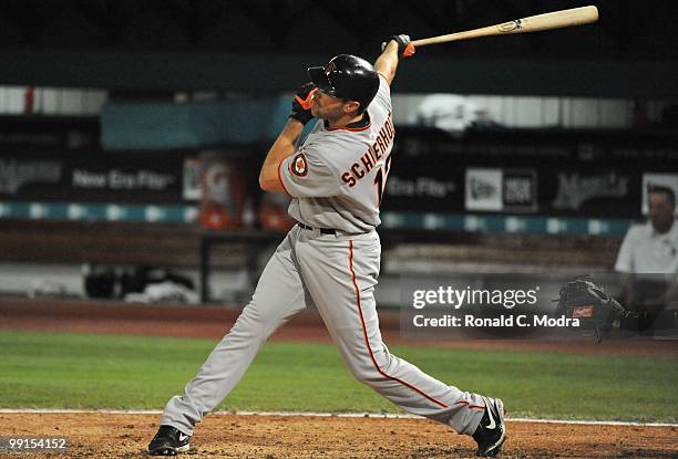 Nate Schierholtz of the San Francisco Giants bats during a MLB game against the Florida Marlins in Sun Life Stadium on May 6, 2010 in Miami, Florida.