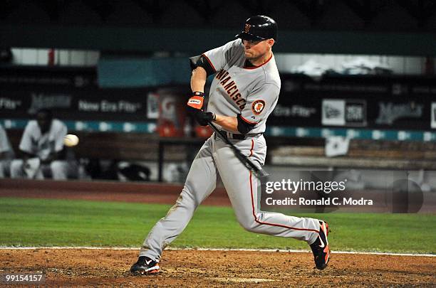 Aubrey Huff of the San Francisco Giants bats during a MLB game against the Florida Marlins in Sun Life Stadium on May 6, 2010 in Miami, Florida.