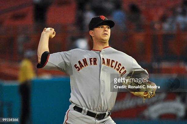 Pitcher Matt Cain of the San Francisco Giants pitches during a MLB game against the Florida Marlins in Sun Life Stadium on May 6, 2010 in Miami,...