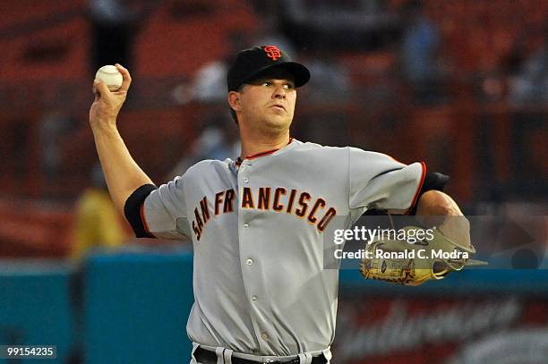 Pitcher Matt Cain of the San Francisco Giants pitches during a MLB game against the Florida Marlins in Sun Life Stadium on May 6, 2010 in Miami,...